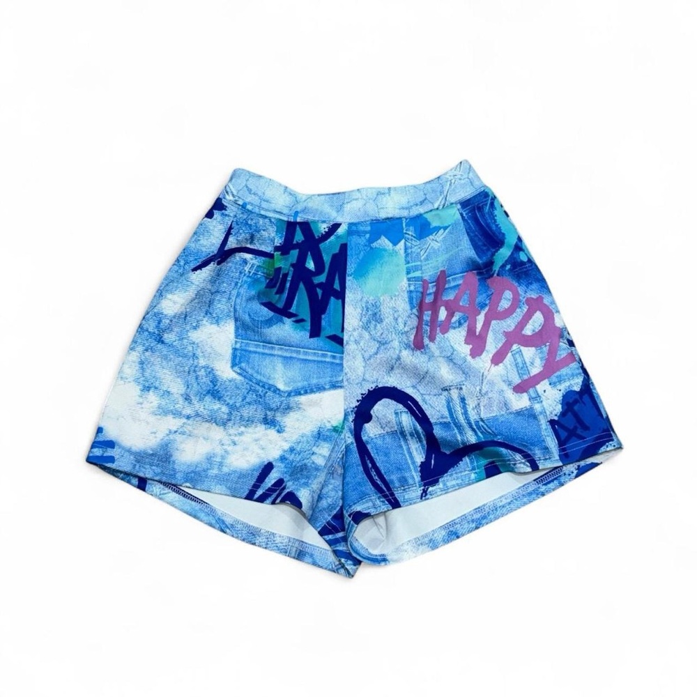 Fashion Nova Blue Graffiti Print Shorts
